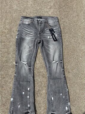 Purple Men's Gray Straight Jeans with Distressed Knees
